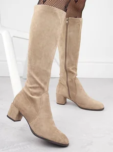 Kozaki damskie zamszowe na obcasie beżowe Sergio Leone KZ205 - Kozaki damskie - miniaturka - grafika 1