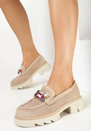 Mokasyny damskie - Ciemnobeżowe Mokasyny na Grubej Podeszwie z Wkładką ze Skóry Naturalnej Kairie - miniaturka - grafika 1