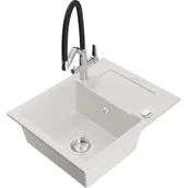 Zlewozmywaki z baterią - Mexen Enzo zlewozmywak granitowy 1-komorowy z ociekaczem i baterią kuchenną Duo, biały - miniaturka - grafika 1