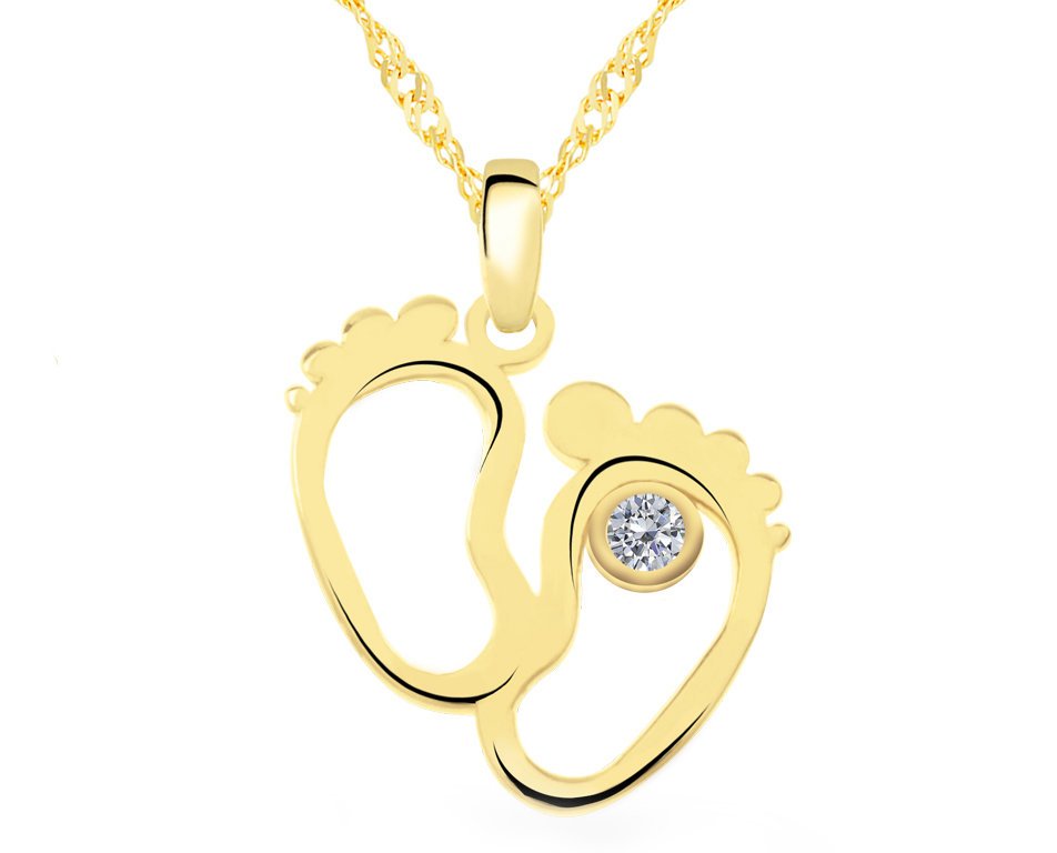 ZŁOTA ZAWIESZKA ZE STÓPKAMI I BIAŁĄ CYRKONIĄ DLA MAMY 14KT 585