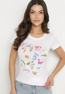 Koszulki i topy damskie - Różowy Bawełniany T-shirt z Ozdobnym Nadrukiem Zaromira - miniaturka - grafika 1