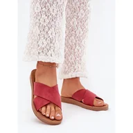 Klapki i japonki damskie - Boto Klapki Damskie Z Eko Skóry Bordowe Lorana czerwone - ButyModne - miniaturka - grafika 1