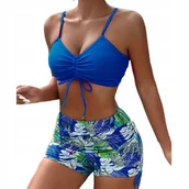 Stroje kąpielowe - STRÓJ KĄPIELOWY DWUCZĘŚCIOWY KOSTIUM WYSOKI STAN BIKINI SPODENKI WIĄZANIE L NIEBIESKI - miniaturka - grafika 1