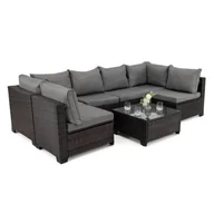 Meble ogrodowe - Zestaw mebli ogrodowych z technorattanu ALVANI Brązowy Szare poduszki - miniaturka - grafika 1