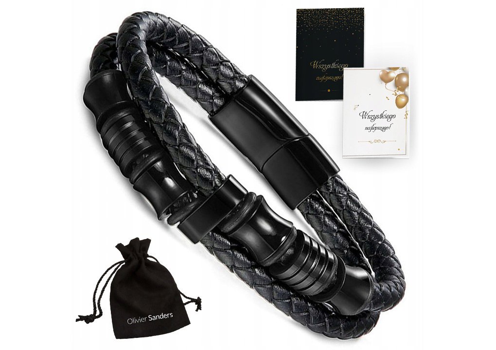 Skórzana Bransoletka Męska Czarna Skóra Tytanowa