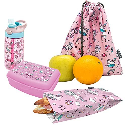 NERTHUS FIH 996 SET Butelka Tritan + Lunchbox + Torba Przekąska + Plecak Jednorożce