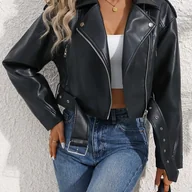 Inne - TEMU LY LIN Damska Czarna Kurtka z Syntetycznej Skóry - Luźny Krój z Paskiem, Długi Rękaw, Zapinana na Guziki, Styl Streetwear na Wiosnę/Jesień - miniaturka - grafika 1
