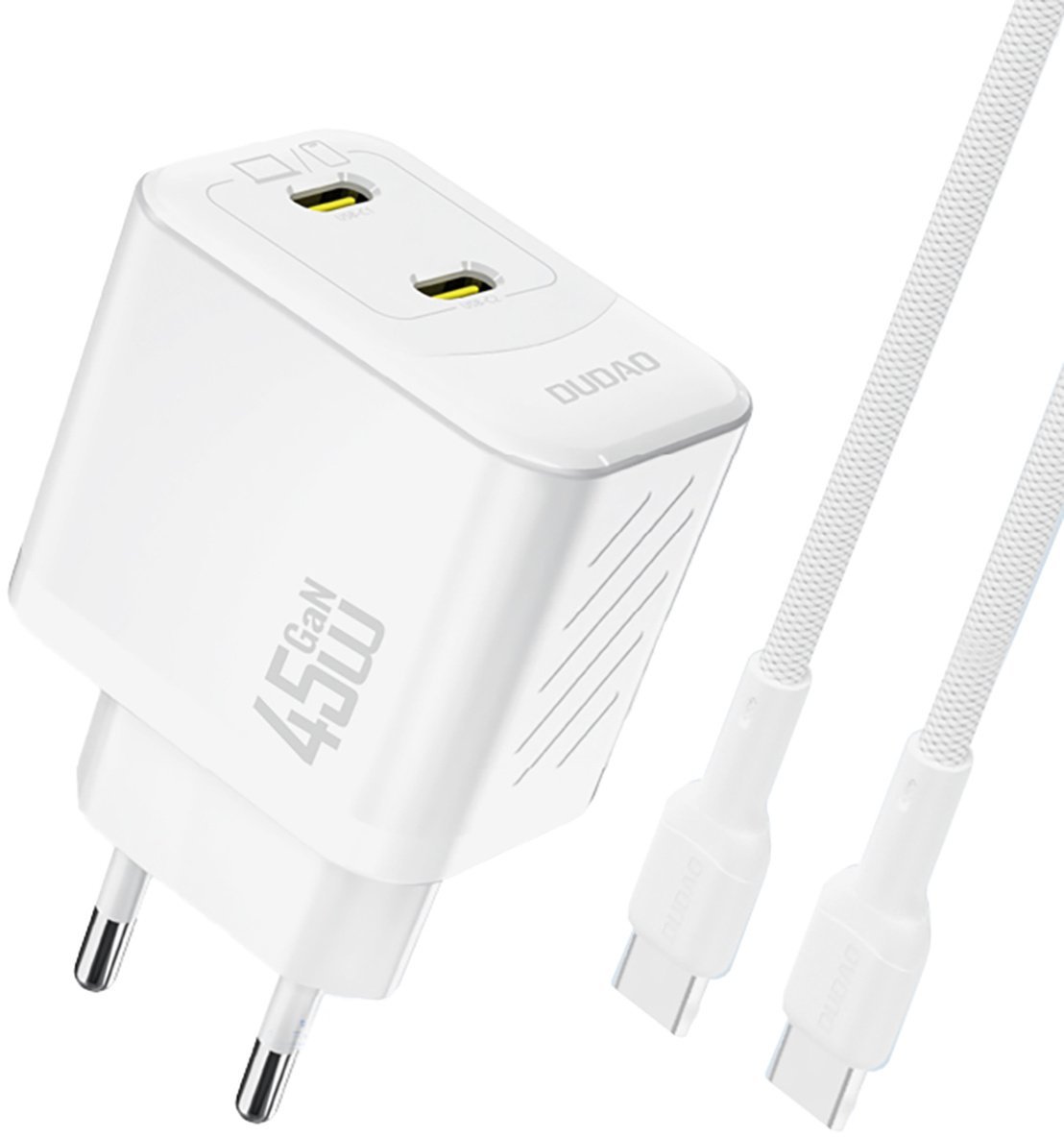 Ładowarka sieciowa 2xUSB-C z kablem USB-C GaN PD 45W - biała Ładowarka sieciowa 2xUSB-C z kablem USB-C GaN PD 45W - biała