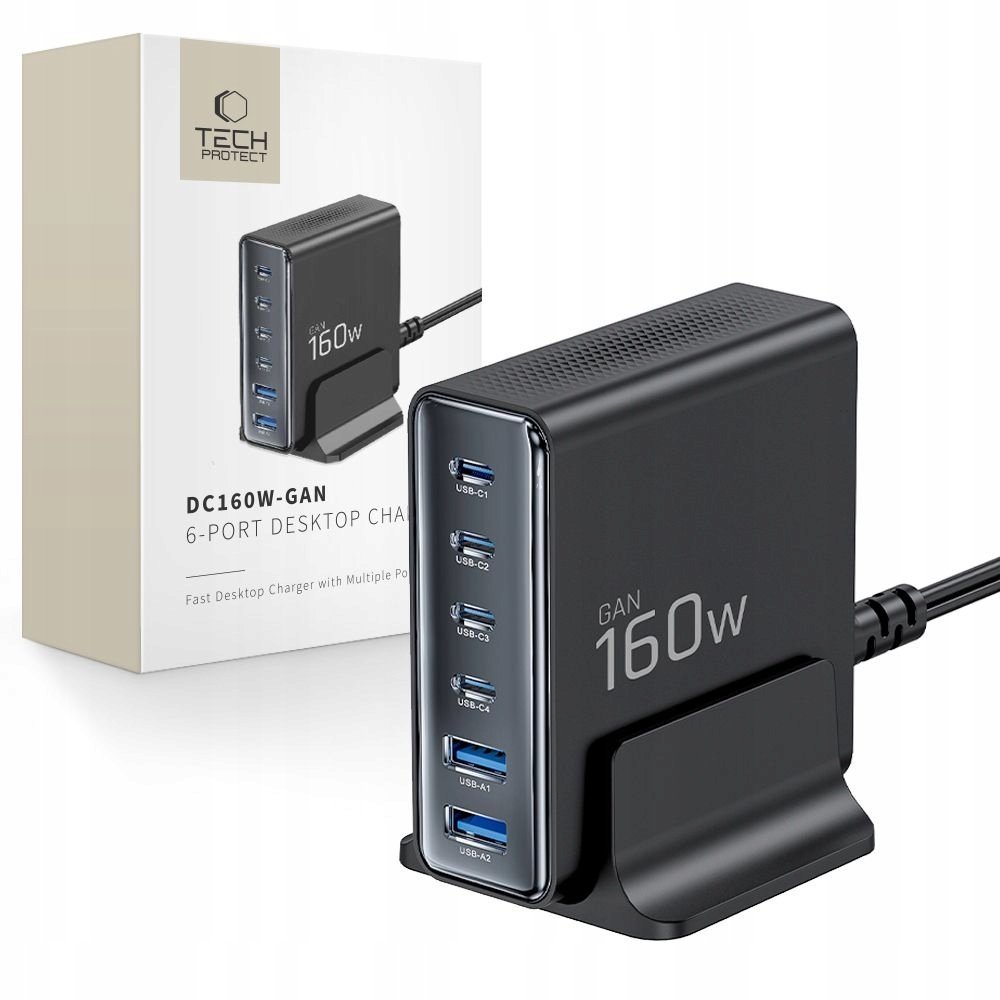 Ładowarka sieciowa Tech-Protect DC160W-GAN 6-port Desktop Charger PD 160W / QC3.0 Black THP5081
