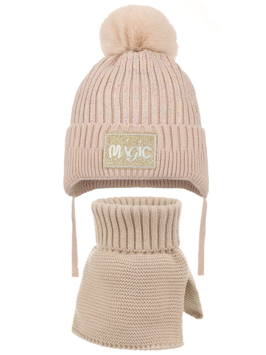 Dziewczęcy komplet zimowy czapka i komin Magic beżowy Ambra r.46/48