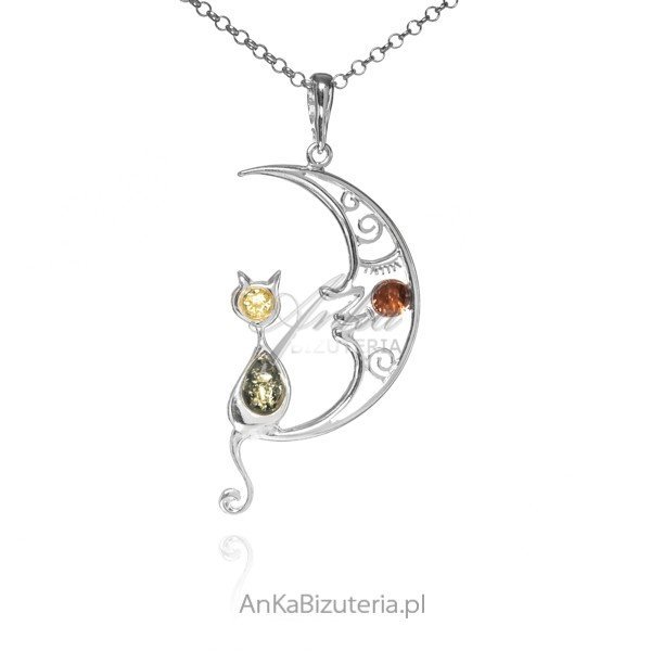 ankabizuteria.pl Wisiorek srebrny z bursztynem KOT NA KSIĘŻYCU z kolo