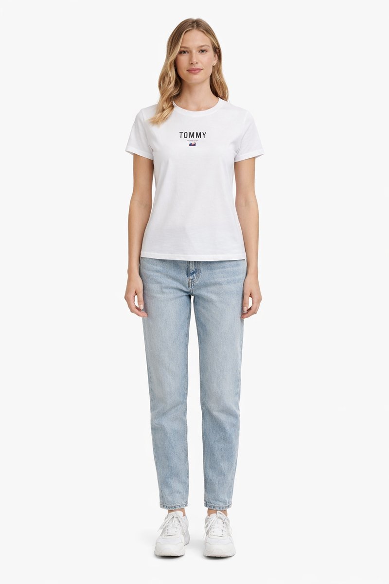 TOMMY JEANS BIAŁY T-SHIRT DAMSKI Z NADRUKIEM I OKRĄGŁYM DEKOLTEM XS I4A