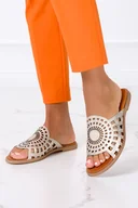 Klapki i japonki damskie - Złote klapki skórzane damskie płaskie ażurowe PRODUKT POLSKI Casu 3132 - miniaturka - grafika 1