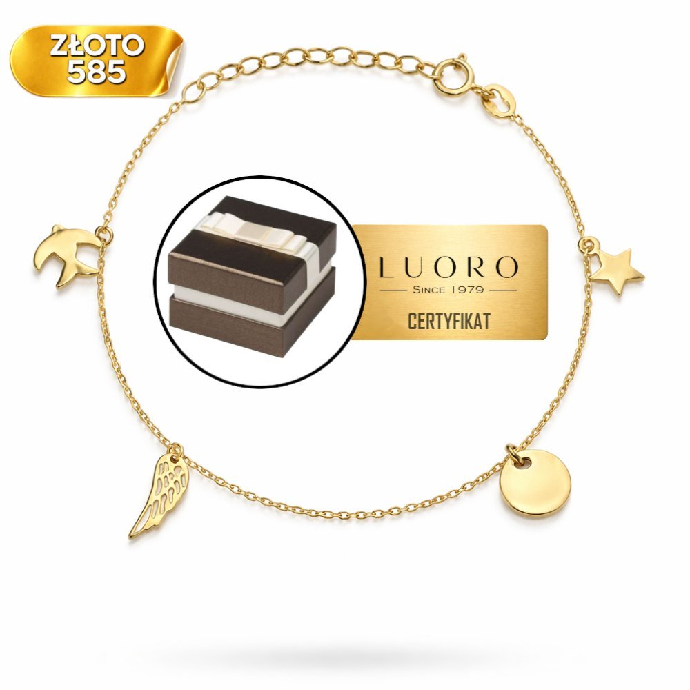 BRANSOLETKA ZŁOTA 585 14K GWIAZDKA KÓŁKO SKRZYDŁO JASKÓLKA 17 CM REGULOWANA