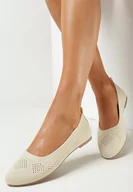 Baleriny - Beżowe Płaskie Balerinki z Ażurową Cholewką Nati - miniaturka - grafika 1