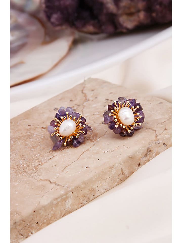 Pierres delicates Kolczyki-wkrętki w kolorze białym z perłami i ametystami