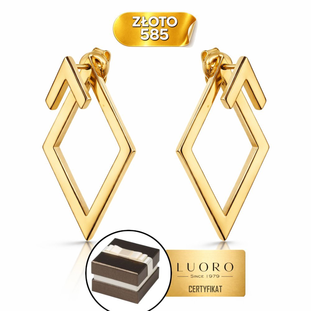 KOLCZYKI ZŁOTE 585 14K TRÓJWYMIAROWE ROMBY SZTYFT 29 MM ELEGANCKIE