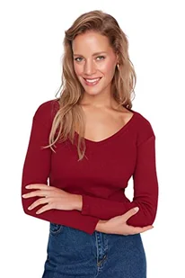 Trendyol Damska damska regularna standardowa dzianinowa bluzka z dekoltem w serek, bordowa, XL, Burgund, XL - Bluzki damskie - miniaturka - grafika 1