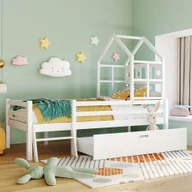 Łóżka dla dzieci i młodzieży - Łóżko na poddaszu Flieks z zabezpieczeniem przed wypadnięciem i drabinką, łóżko dziecięce pojedyncze 90x200cm z listwowym stelażem i szufladą, białe - miniaturka - grafika 1