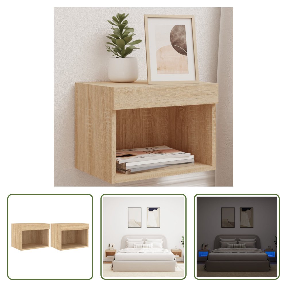 The Living Store Szafki nocne przyścienne z oświetleniem LED 2 szt. dąb sonoma