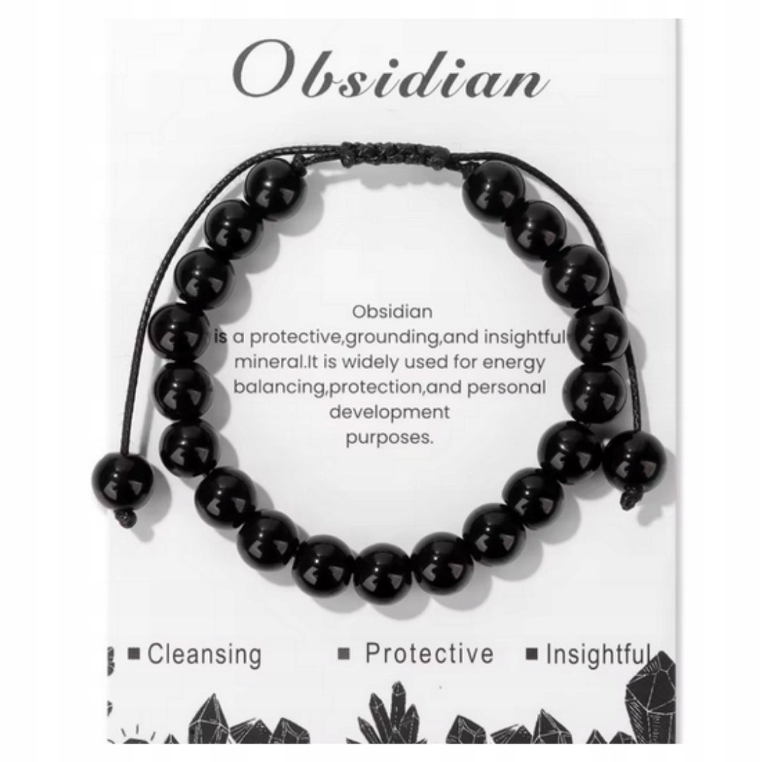 Bransoletka Regulowana z Kamienia Naturalnego Obsydian Amulet Ochrony
