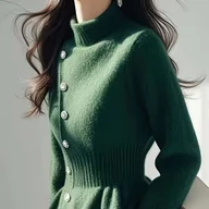 Inne - TEMU Damski elegancki zielony sweter z wysokim dekoltem, dzianinowy dzianinowy pulower z detalami na guzach, jednokolorowy zimowy top z długim - miniaturka - grafika 1
