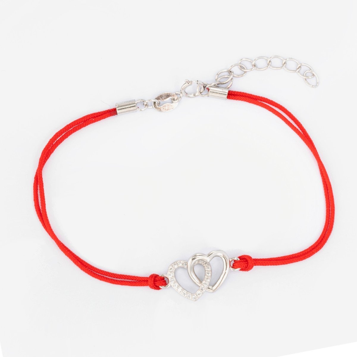 Srebrna bransoletka 925 Przeplatane Serca Czerwony Sznurek