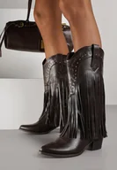 Botki damskie - Brązowe Botki Kowbojki na Obcasie Zdobione Nitami i Frędzlami Calles - miniaturka - grafika 1