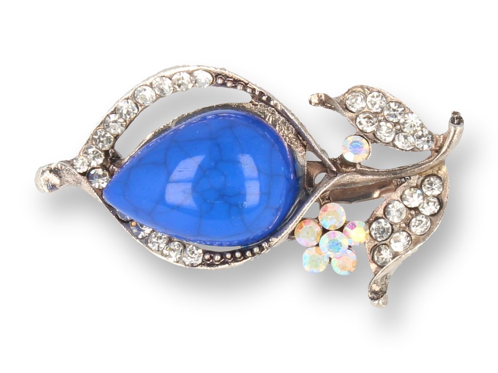 BROSZKA damska chabrowy kwiat z srebrnymi listkami