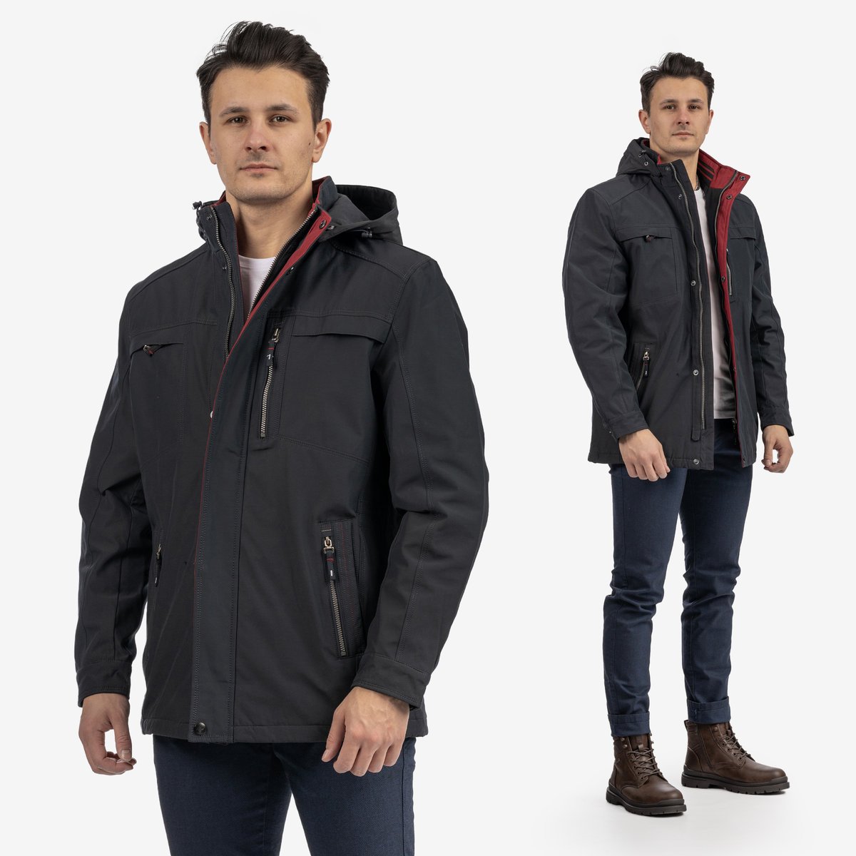 Kurtka Męska Przejściowa Z Kapturem Funkcjonalna Wiosenna Casual Granatowa Granatowy 3XL