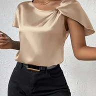 Koszule damskie - TEMU Damska elegancka bluzka w beżu z asymetrycznym dekoltem - krótki rękaw, okrągły dekolt, jednokolorowy, top z poliestru z obróconymi ramionami, - miniaturka - grafika 1