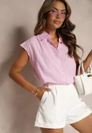 Koszule damskie - Różowa Casualowa Koszula z Bawełny w Paski na Guziki Menatia - miniaturka - grafika 1