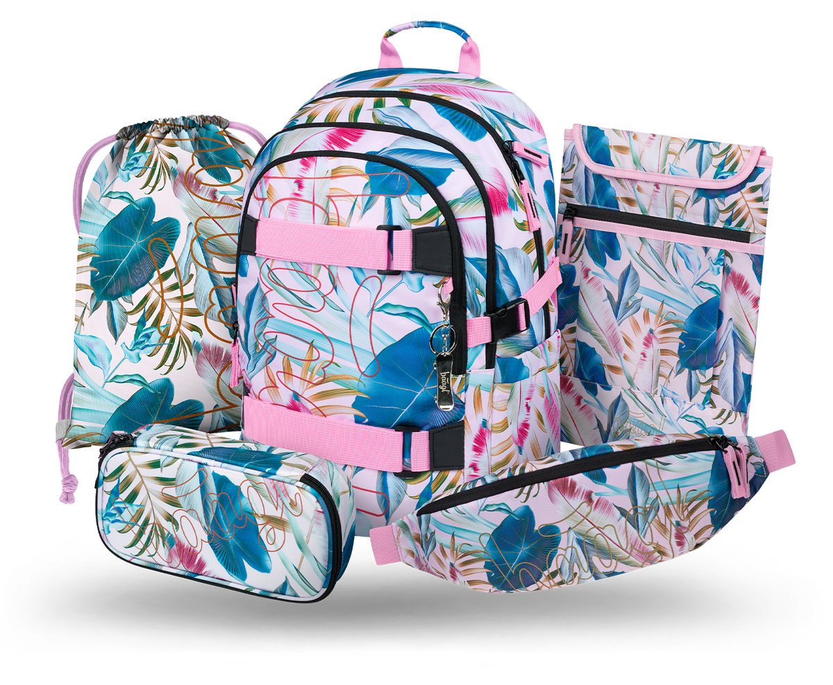 Zestaw Szkolny 5w1 BAAGL Plecak szkolny Skate Leafs Ergonomiczny 25L 29x43x20 cm Zielony dla chłopca + Piórnik, Worek na buty, Nerka, Etui na laptopa
