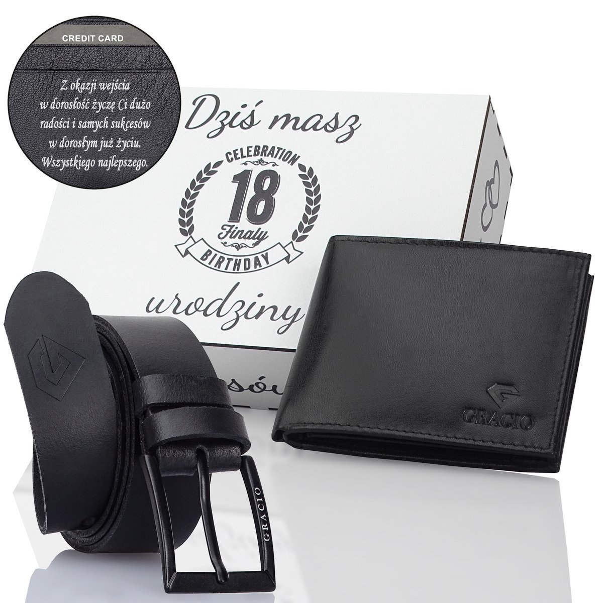Personalizowany portfel z grawerem+pasek 125cm zestaw na 18 urodziny GRACIO