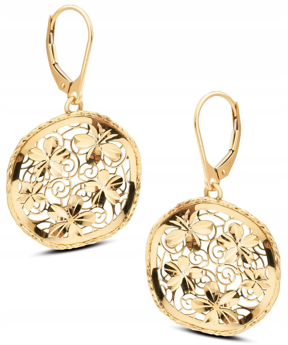 AŻUROWE FALOWANE ZŁOTE KOLCZYKI Z DIAMENTOWANIEM I KWIATUSZKAMI 14KT 585