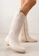 Botki damskie - Beżowe Ażurowe Botki Kowbojki z Geometryczną Ozdobą Naeraste - miniaturka - grafika 1