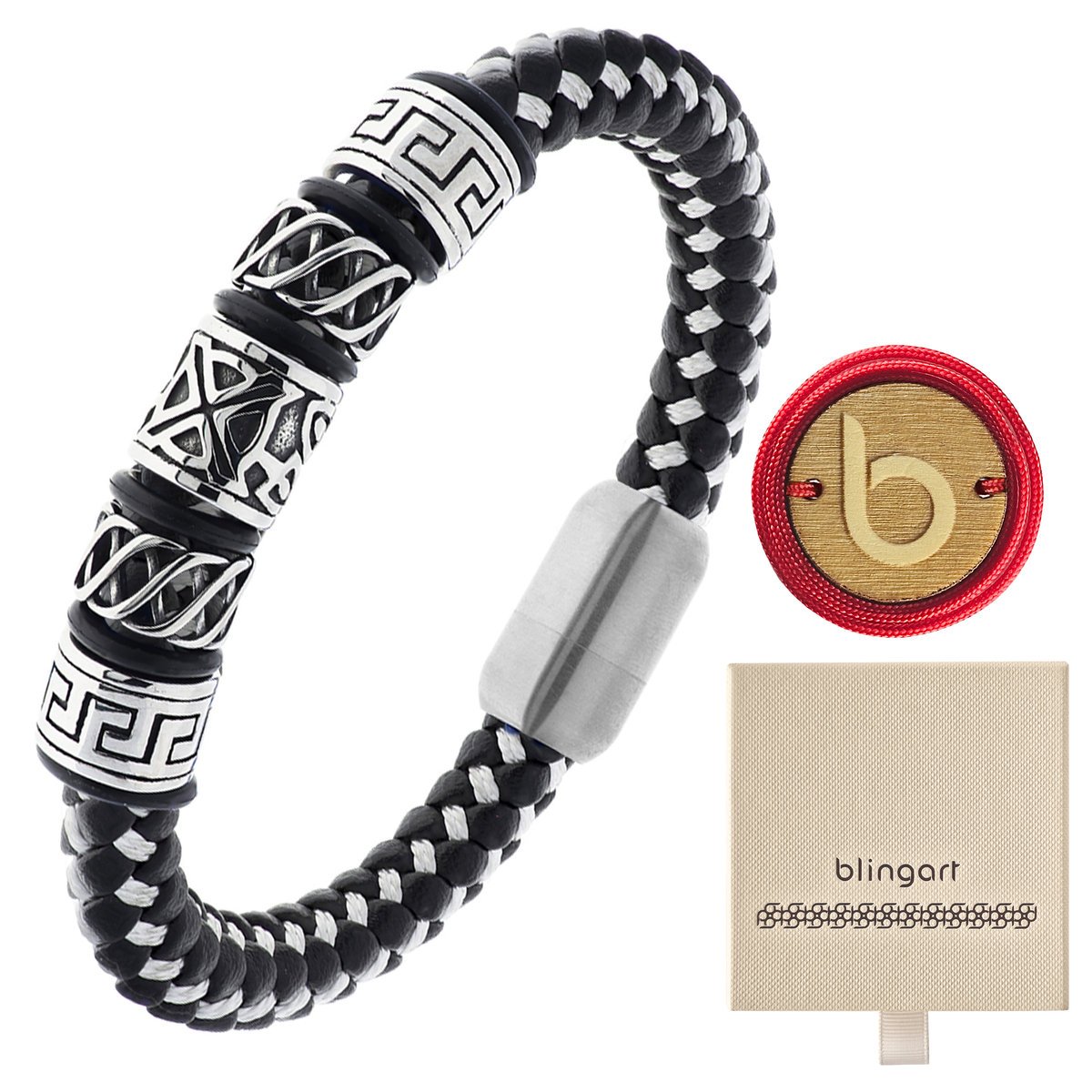 Bransoletka SKÓRZANA męska ORNAMENTY nakładki stal