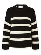 Swetry damskie - SELECTED FEMME Damski sweter Slfbloomie Ls Knit O-Neck Noos, Czarne/paski: śnieżnobiałe, XS - miniaturka - grafika 1