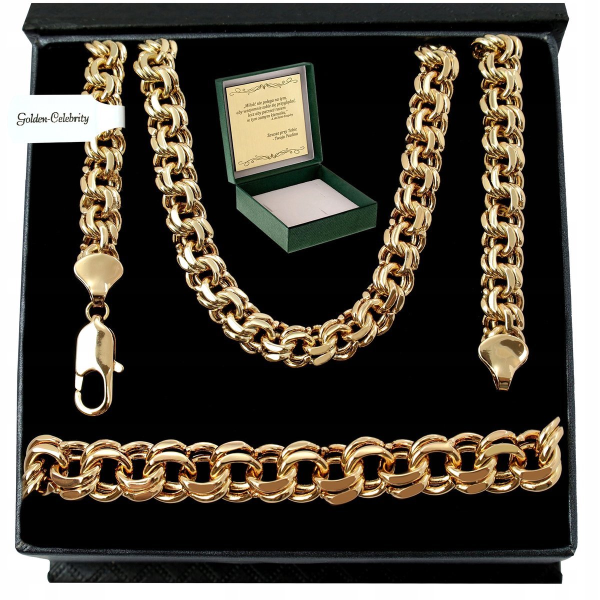 Złoty Łańcuszek Męski Garibaldi + Bransoleta / Komplet Szeroki Gruby+Grawer