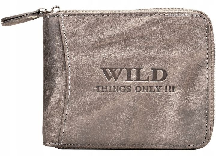 Szary SKÓRZANY Portfel Męski Zasuwany na SUWAK Poziomy Młodzieżowy WILD !!!