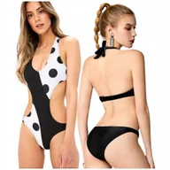 Stroje kąpielowe - STRÓJ KĄPIELOWY JEDNOCZĘŚCIOWY DAMSKI KOSTIUM CZARNY BIAŁY MODELUJĄCY M - miniaturka - grafika 1