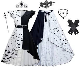 Strój Kostium Przebranie Sukienka Cruella De Mon 101 Dalmatyńczyków Rękawiczki Cosplay 110/116 Cm - Stroje karnawałowe - miniaturka - grafika 1