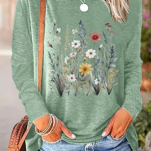 TEMU Koszulka Damska z Kwiatowym Nadrukiem - Czarna, Wielokolorowy Wzór Kwiatowy, Luźny Krój na Codzień i Domowe Noszenie - Pranie w Pralce, - Bluzki damskie - miniaturka - grafika 1