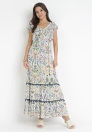 Sukienki - Biało-Beżowa Rozkloszowana Sukienka Maxi z Marszczoną Gumką w Pasie i Falbanami z Wiskozy Wilsey - miniaturka - grafika 1