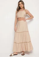 Komplety damskie - Beżowy Komplet Wiskozowy Top na Ramiączkach i Rozkloszowana Spódnica Efrunelle - miniaturka - grafika 1