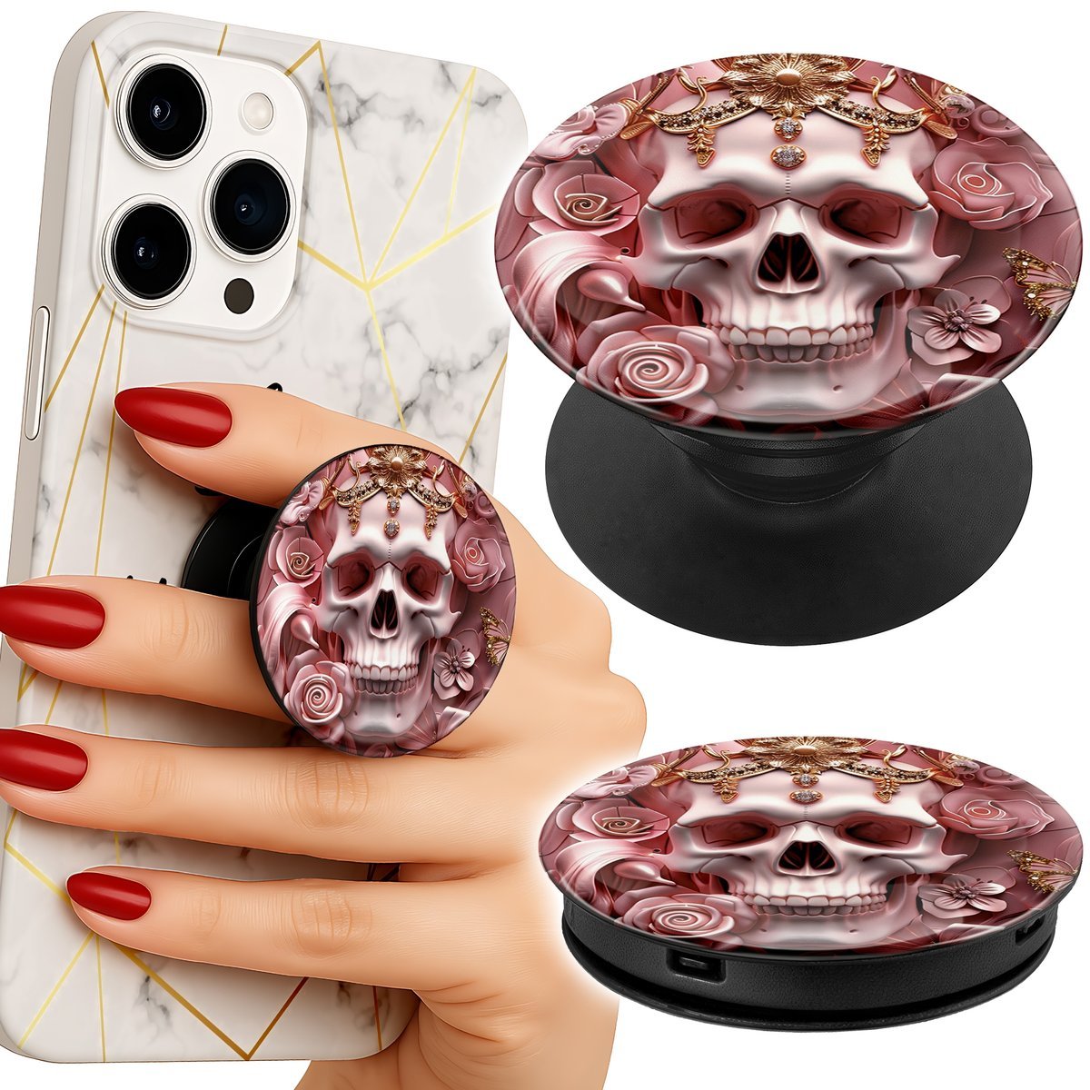 Uchwyt do telefonu Popsocket na palce/stojak KOBIECE WZORY CZASZKA W RÓŻE
