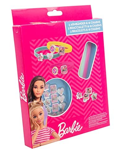 Joy Toy - Barbie 3 plastikowe bransoletki z 18 charmsami do włączenia w opakowaniu prezentowym – 15 x 2,5 x 20 cm