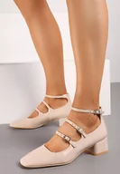 Czółenka - Beżowe Eleganckie Czółenka na Niewysokim Słupku Ozdobione Paskami ze Sprzączką Lavantia - miniaturka - grafika 1