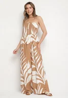 Kombinezony - Beżowy Kombinezon z Wiskozą i Lnem Ozdobiony Wzorem LIści Fevisaie - miniaturka - grafika 1