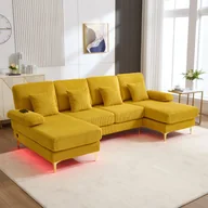 Sofy i kanapy - Sofa w kształcie litery U, nowoczesna, z oświetleniem LED, USB-C, rama z litego drewna, 4 poduszki, żółta - miniaturka - grafika 1
